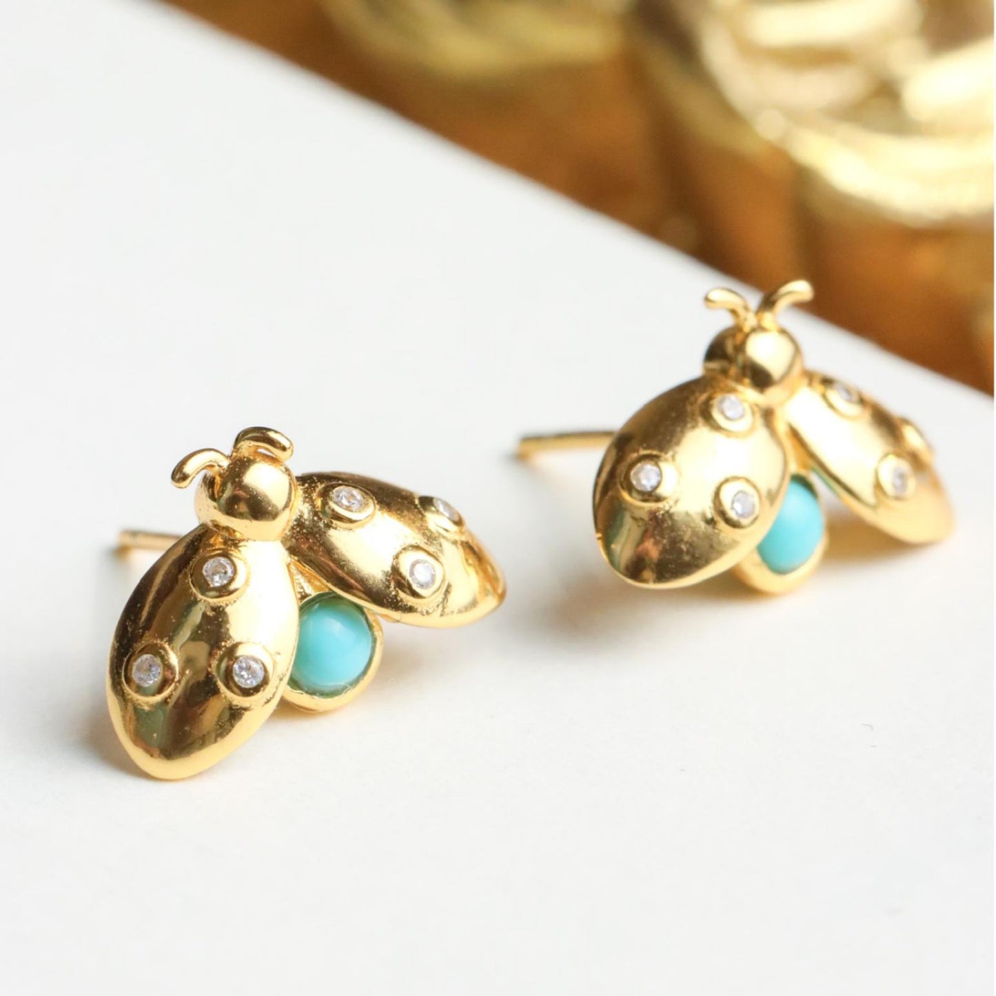 Genuine Turquoise stud Earrings /Sterling 925Silver 18KGold-Plated Turquoise studs/Customize gift box/December birthstone gift/Beetle studs