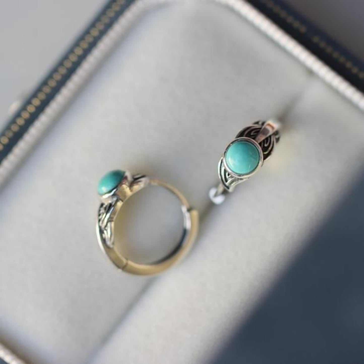 Genuine Turquoise hoop Earrings /Sterling 925Silver Turquoise hoops/Customize gift box/December birthstone gift/retro hoops gift for her